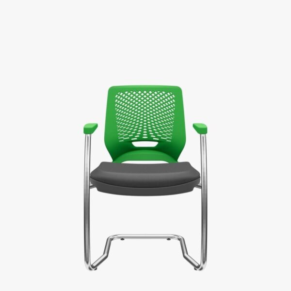 Cadeira Fixa Beezi Modelo Pés em S /  Base Cromada / Encosto Verde / Assento Estofado Preto / Com Apoio de Braços