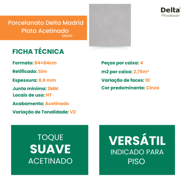 Porcelanato Delta Madrid Plata Acetinado 84x84Cm Cinza Retificado - Image 2